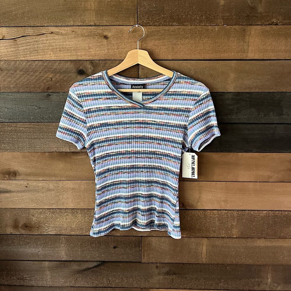 Y2K Anxiety Café Pastel Striped Ribbed Baby Tee – Size Large